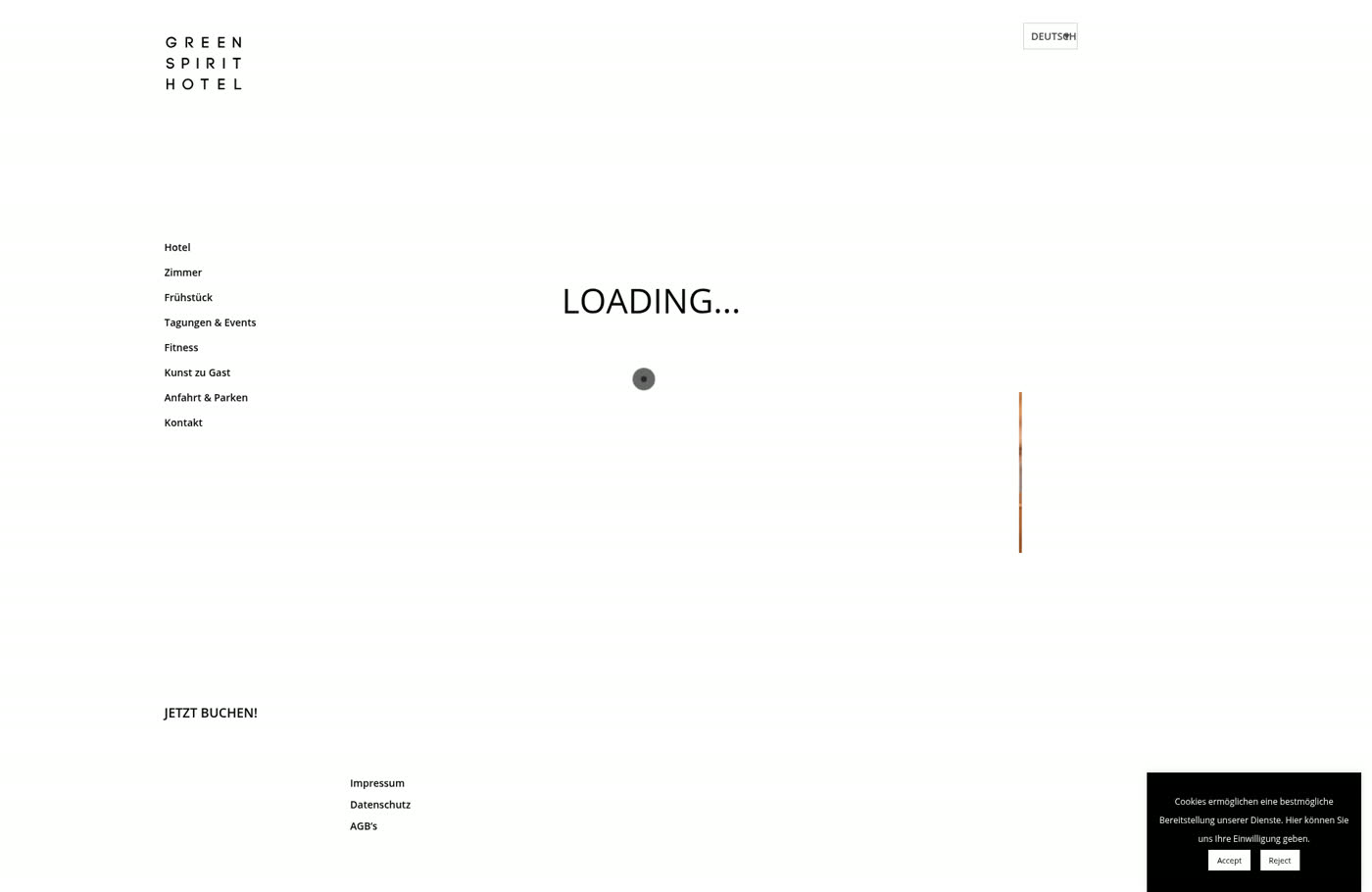 Screenshot der heutigen Startseite: Navigation links, in der Mitte der Schriftzug LOADING…