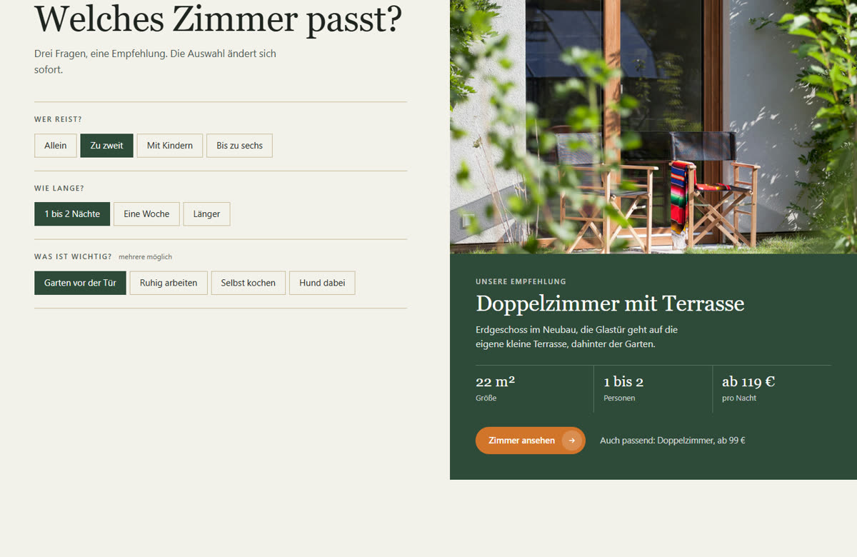 Zimmerfinder im Entwurf: drei Fragen links, rechts die Empfehlung mit Foto, Größe und Preis